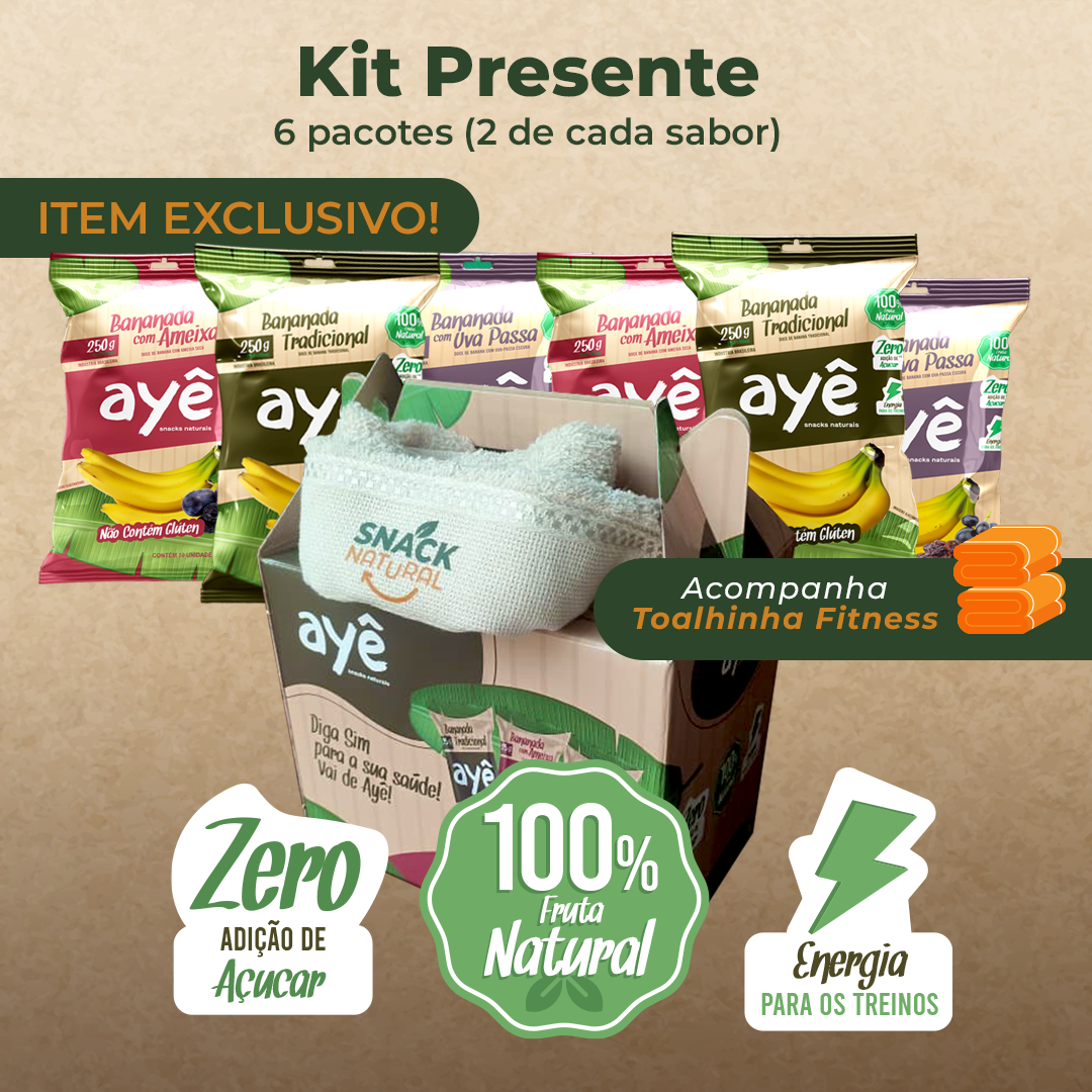 Kit Presente Bananada Ayê - 6 Pacotes (2 de cada sabor) mais Toalhinha Fitness | 100% Fruta, Zero Adição de Açúcar - Imagem 2